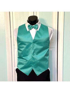 Mermaid Green Satin Closed Back Vest and bow Costume Theatre Men’s Small Damaged